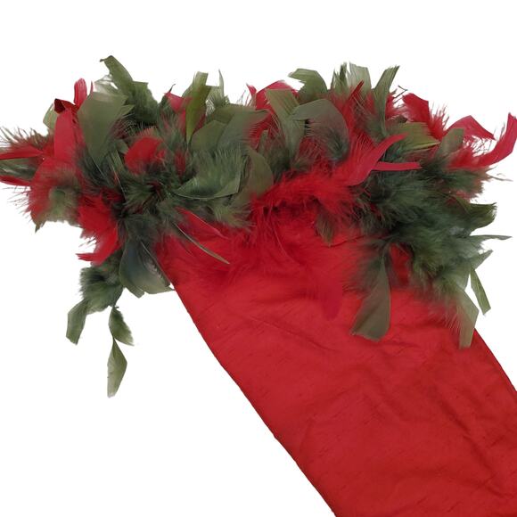 Vintage Silk Christmas Stocking Red Feathered Bell Accents Green Feathers 25" - Picture 2 of 13
